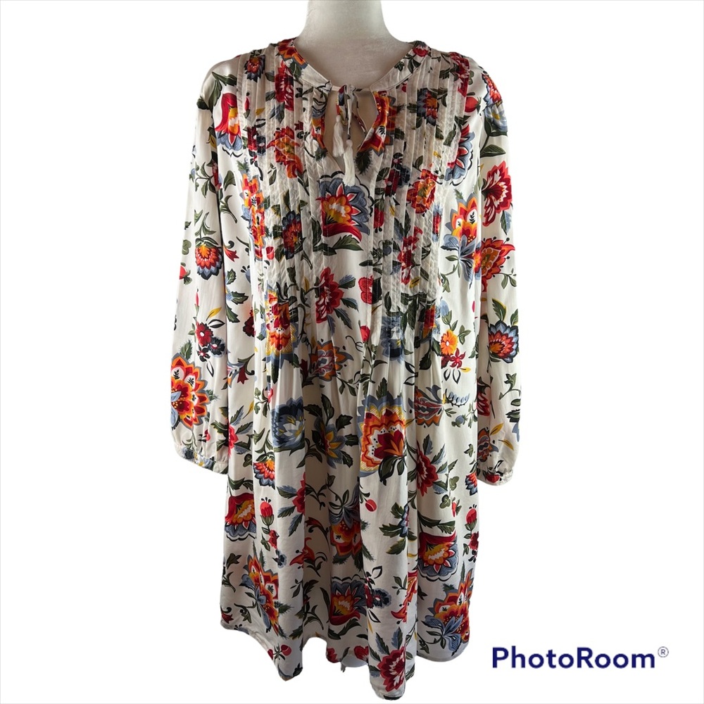 Old Navy XL Pleated Detail White Floral Lined Babydoll Dress Tassel Front